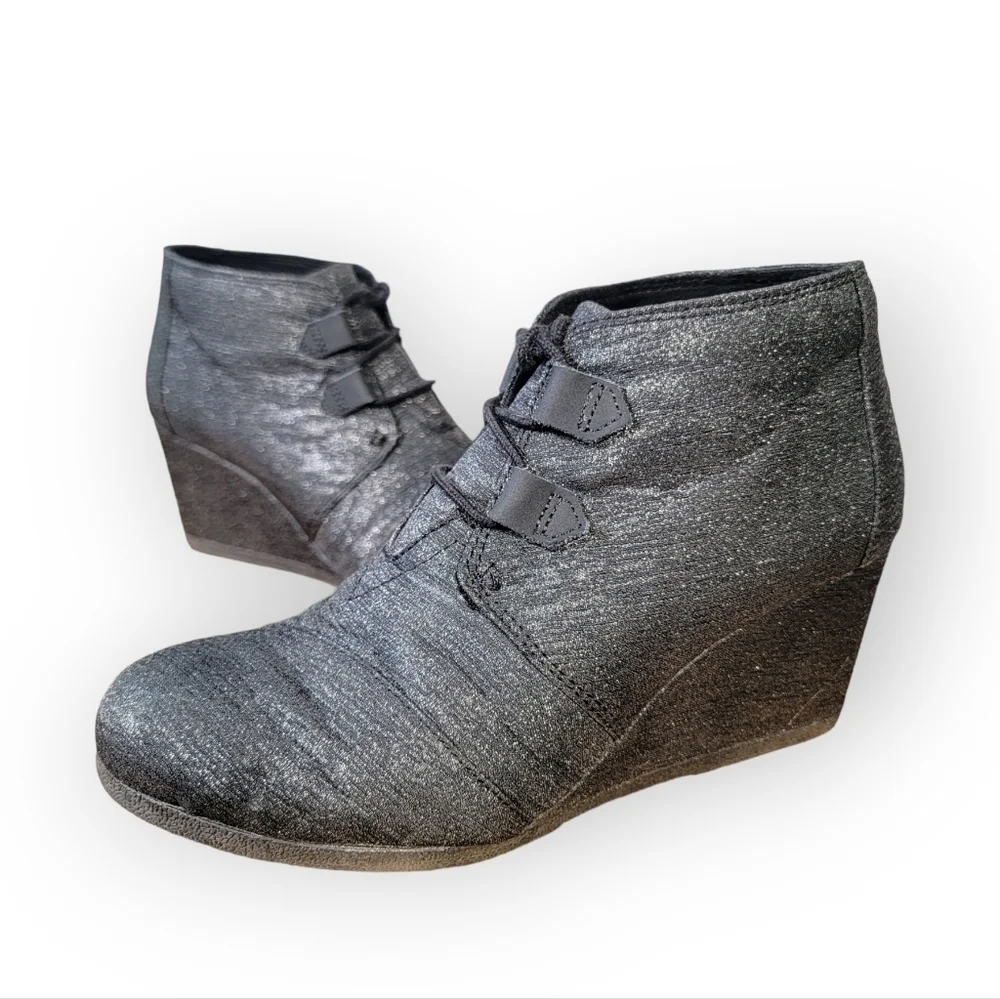 Toms Kala Black Sparkle Lace Up Wedge Booties Size 8